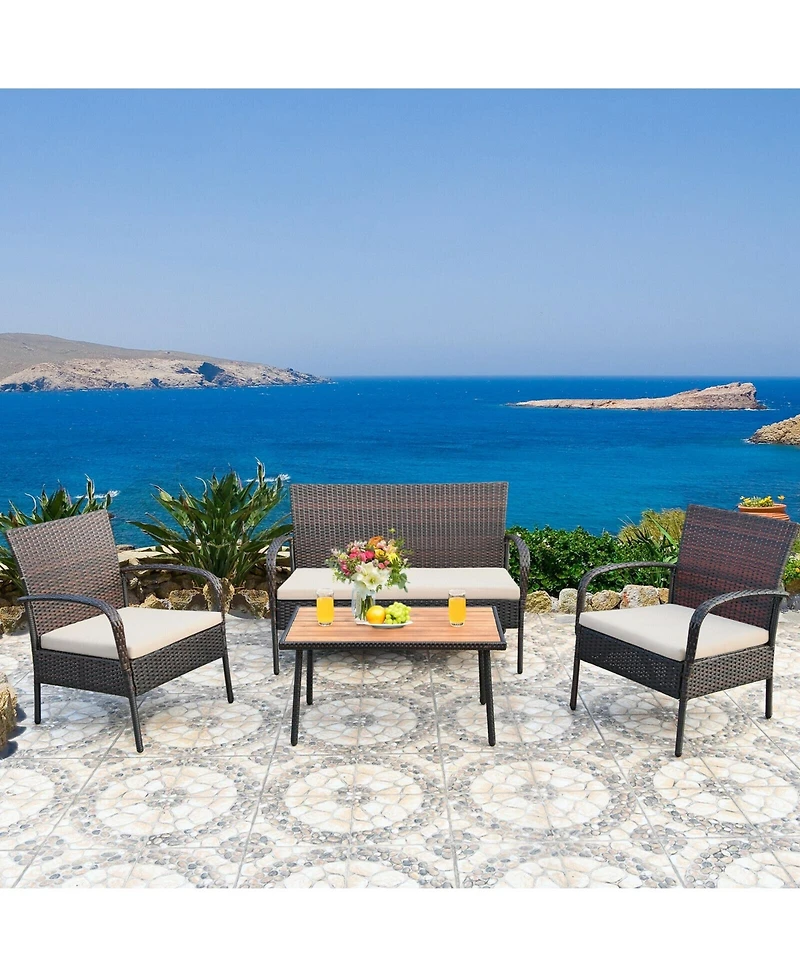 4 Pieces Patio Cushioned Wicker Conversation Set with Acacia Wood Tabletop
