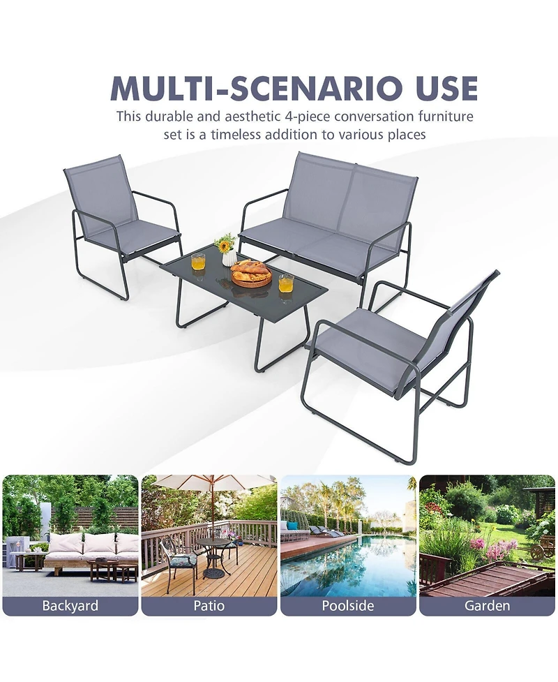 4 Pieces of Metal Patio Furniture Chat Set with Tempered Glass Coffee Table