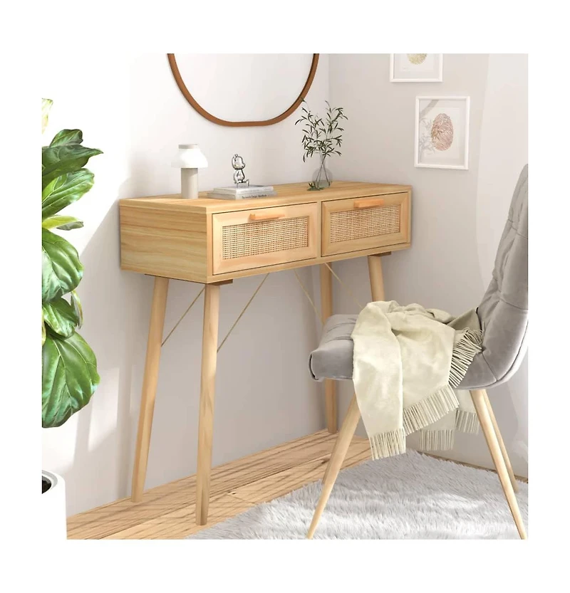 Console Table Brown 31.5"x11.8"x29.5" Solid Wood Pine Natural Rattan