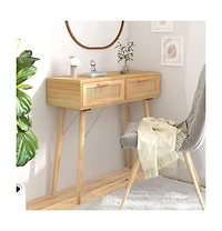 Console Table Brown 31.5"x11.8"x29.5" Solid Wood Pine Natural Rattan
