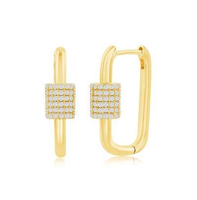 Sterling Silver or Gold Plated Over Cz Oval Carabiner Paperclip Earrings