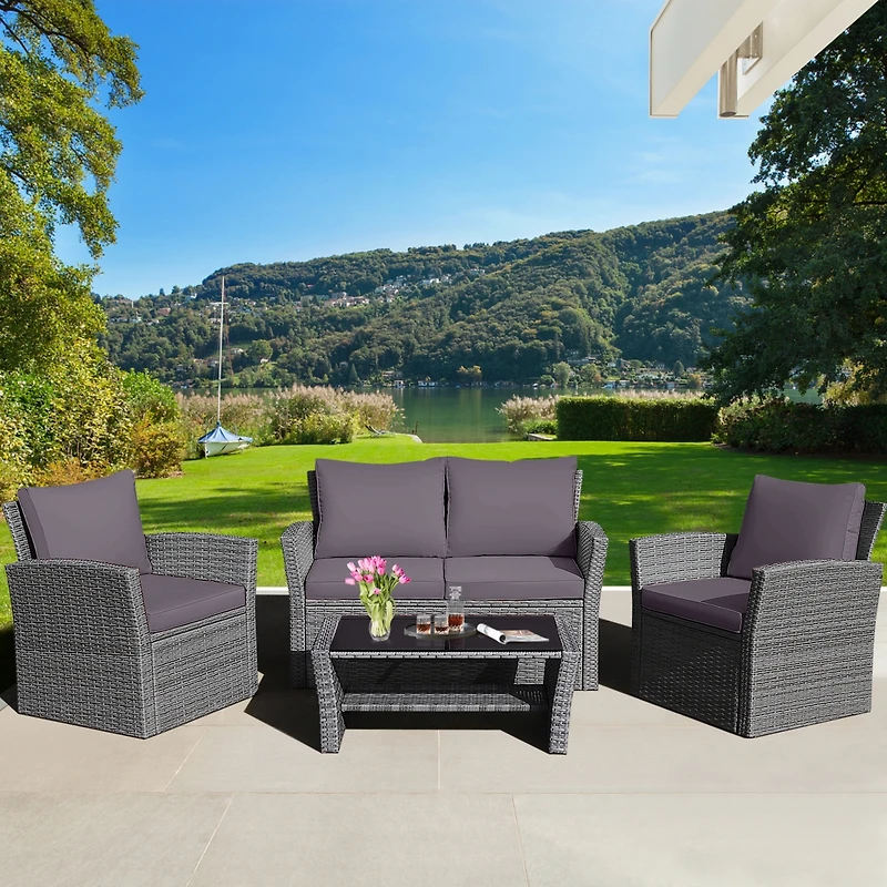 Slickblue 4 Pieces Patio Rattan Furniture Set Sofa Table with Storage Shelf Cushion