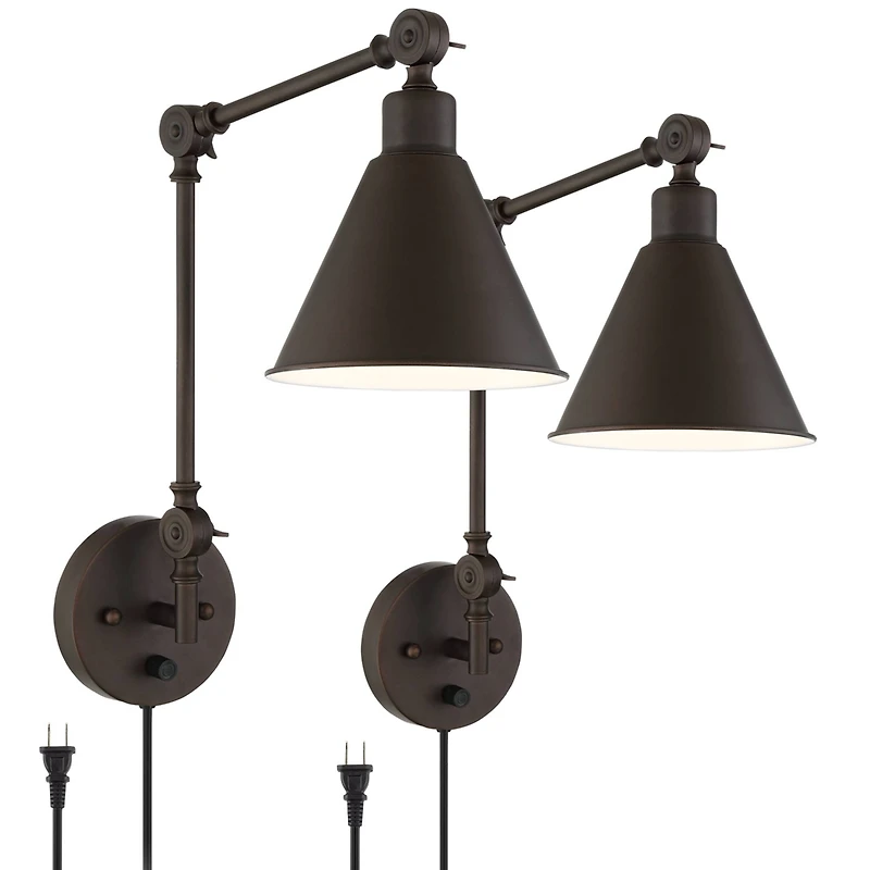 360 Lighting Wray Modern Industrial Swing Arm Wall Lamps Set of 2 Dark Bronze Plug-in 6" Light Fixture Up Down for Bedroom Reading Living Room Ha