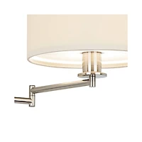 Possini Euro Design Tesoro Modern Swing Arm Wall Lamp with Led Reading Arm Brushed Nickel Plug-in Light Fixture Off White Drum Shade for Bedroom Home