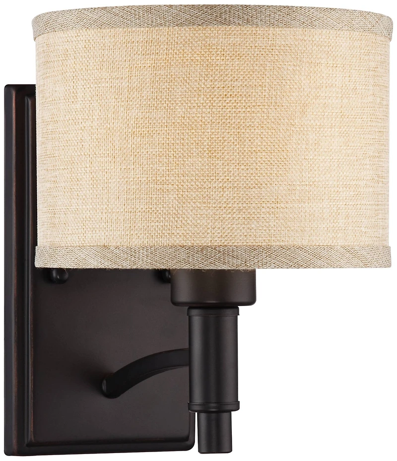 Franklin Iron Works La Pointe Farmhouse Rustic Wall Light Sconce Oil Rubbed Bronze Hardwire 6 3/4" Fixture Oatmeal Linen Drum Shade for Bedroom H