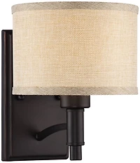 Franklin Iron Works La Pointe Farmhouse Rustic Wall Light Sconce Oil Rubbed Bronze Hardwire 6 3/4" Fixture Oatmeal Linen Drum Shade for Bedroom H