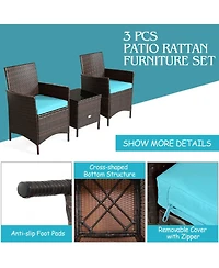 Sugift 3 Pieces Patio Cushioned Rattan Conversation Set With Glass Table Top