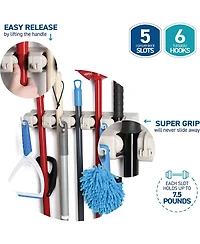 Mop And Broom Holder - Garage Storage Systems with 5 Slots, 6 Hooks, 7.5lbs Capacity Per Slot - Garden Tool Organizer For 11 Tools