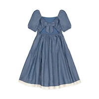 Hope & Henry Girls' Short Bubble Sleeve Crochet Trim Chambray Dress, Infant