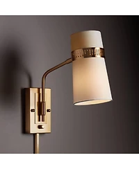 Cartwright Modern Swing Arm Wall Lamp Warm Antique Brass Plug-In Light Fixture Beige Linen Tapered Cylinder Shade for Bedroom Bedside House Reading Li
