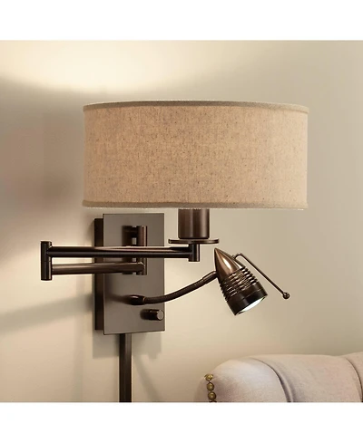 Possini Euro Design Radix Modern Swing Arm Wall Lamp Bronze with Cord Cover Led Reading Light Plug-in Light Fixture Oatmeal Shade for Bedroom Bedside
