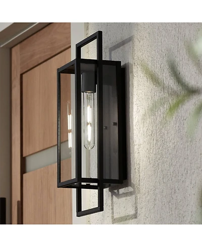 Possini Euro Design Jericho Modern Outdoor Wall Light Fixture Textured Black Metal 19" Clear Glass Panel for Post Exterior Barn Deck House Porch