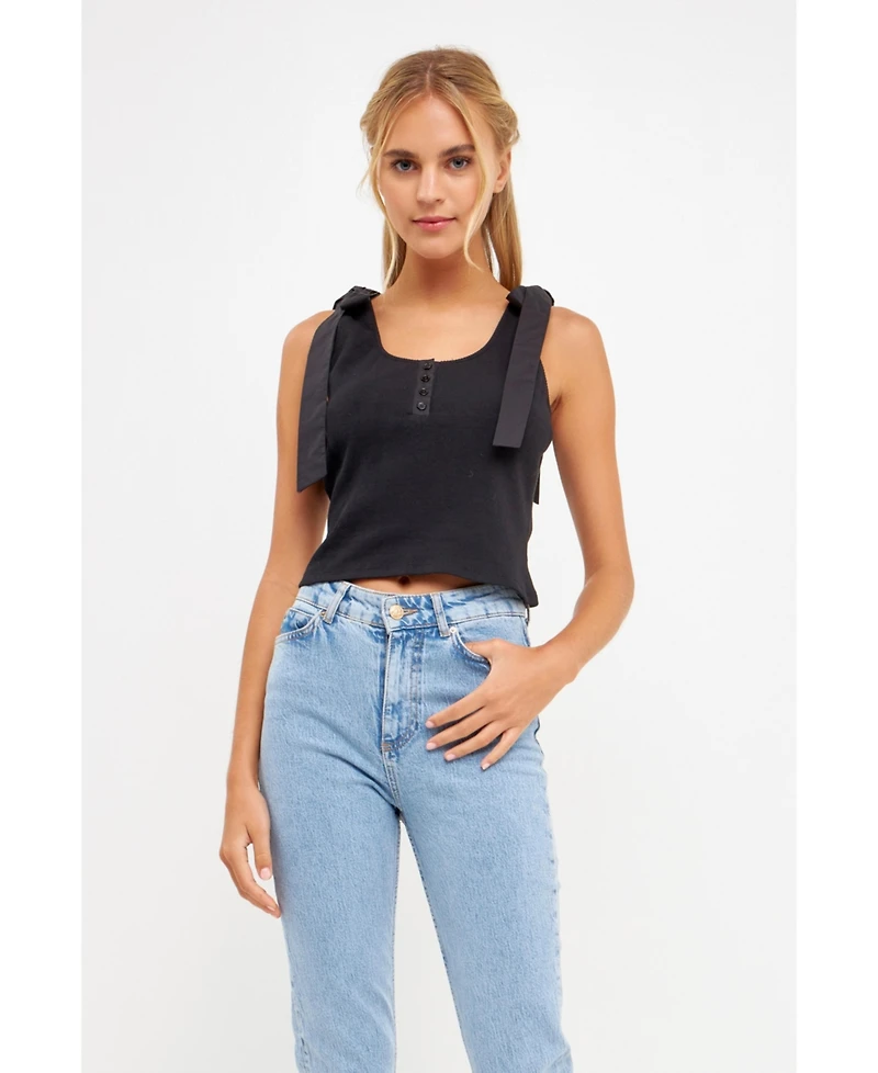 English Factory Women's Mixed Media Bow Tie Ribbed Henley Top