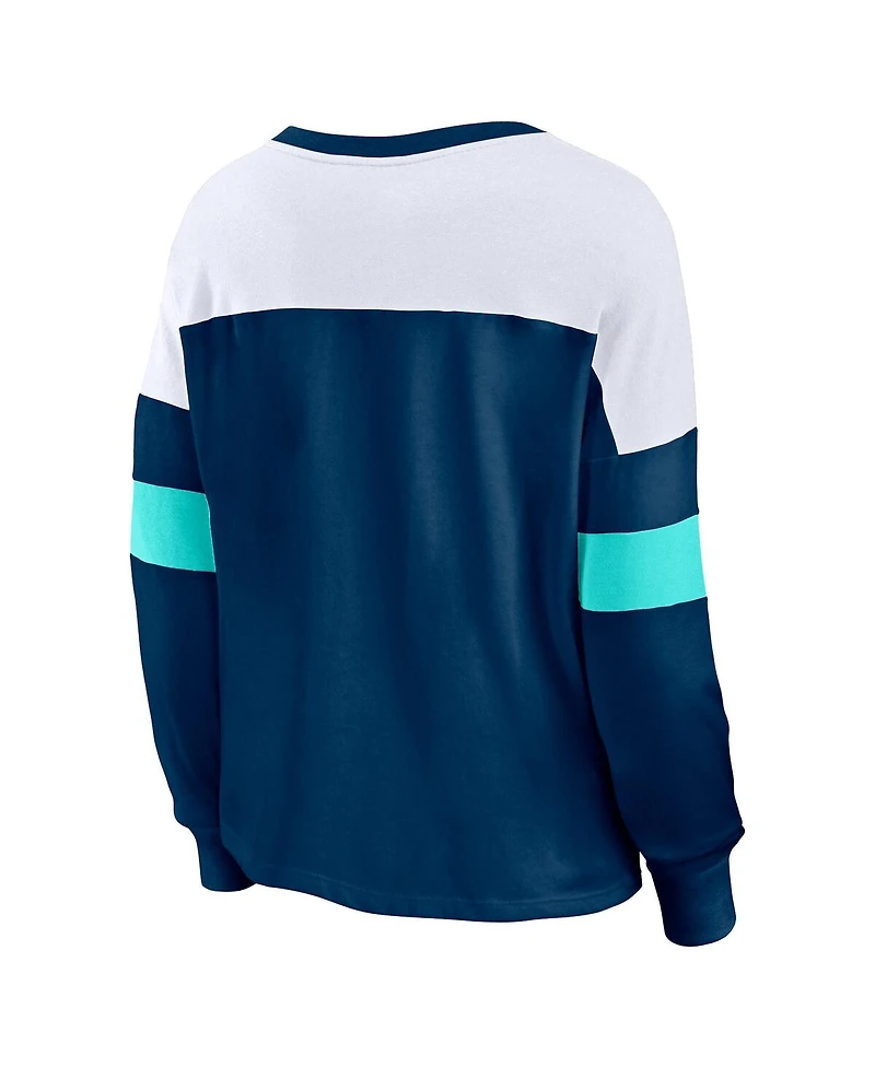 Women's Fanatics Deep Sea Blue Seattle Kraken Take the Shot Long Sleeve Lace-Up V-Neck T-shirt