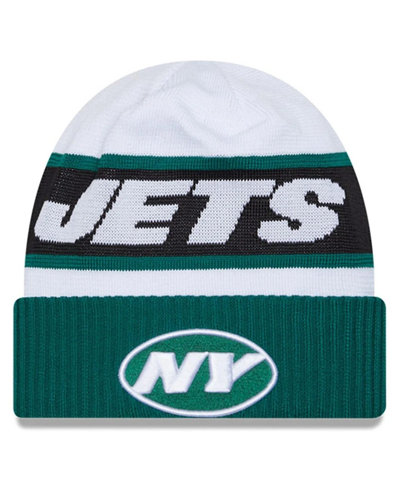 Men's New Era White, Green New York Jets 2023 Sideline Tech Cuffed Knit Hat