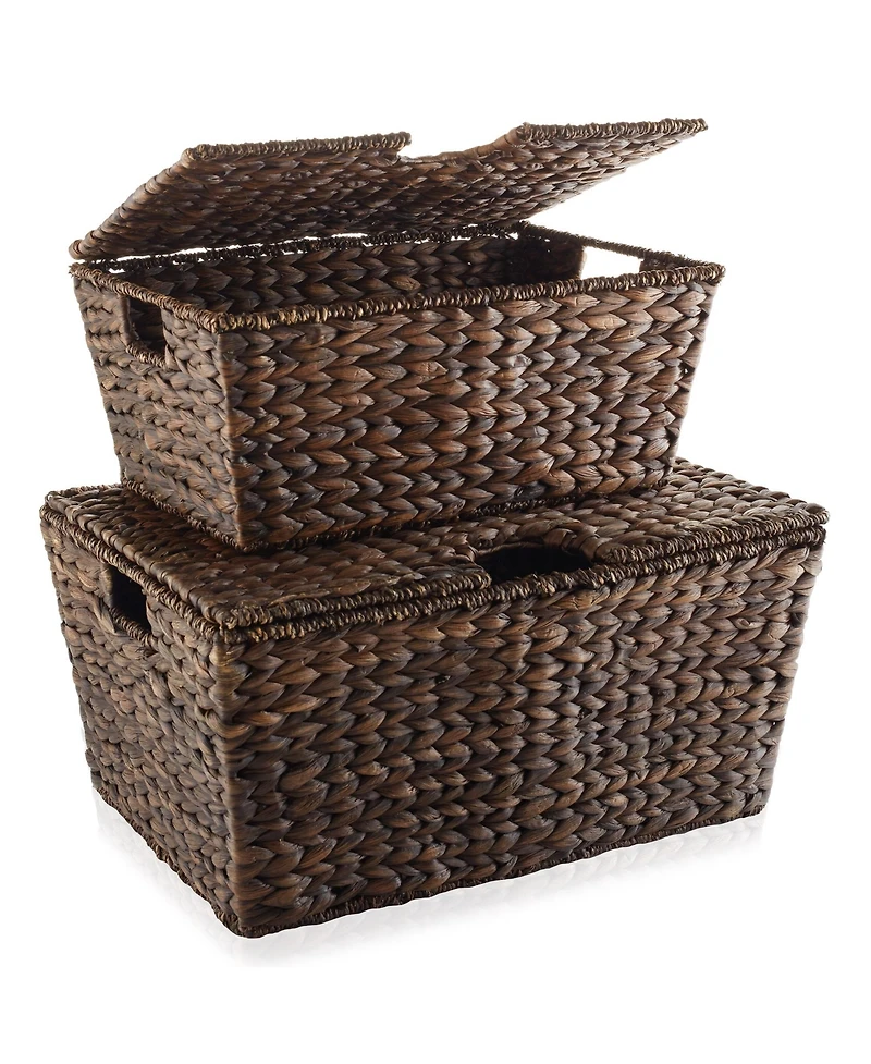 Casafield Set of 3 Water Hyacinth Storage Baskets (Small/Medium/Large), Multipurpose Organizer Totes with Tapered Bottoms and Removable Lids