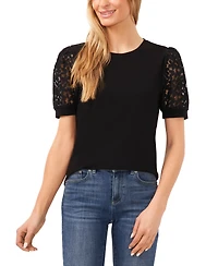 CeCe Women's Crochet Puff Sleeve Mix Media Knit Top