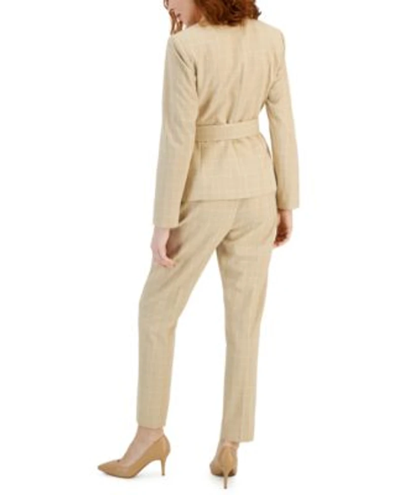 Tahari Asl Womens Belted Aysymetrical Plaid Blazer Straight Leg Mid Rise Pants