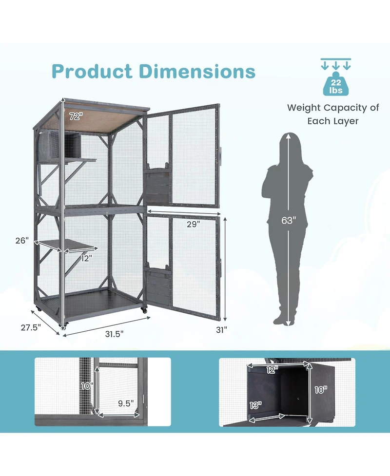 Inolait Sugift 72 Inch TallWooden Cat House with Weatherproof Asphalt Roof