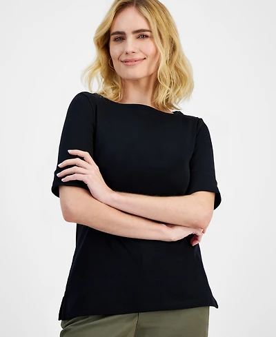 Style & Co Petite Cotton Elbow-Sleeve Boat-Neck Top, Exclusively at Macy's