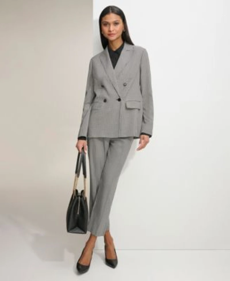 Karl Lagerfeld Womens Gingham Double Breasted Blazer Ruffled Blouse Gingham Straight Leg Pants