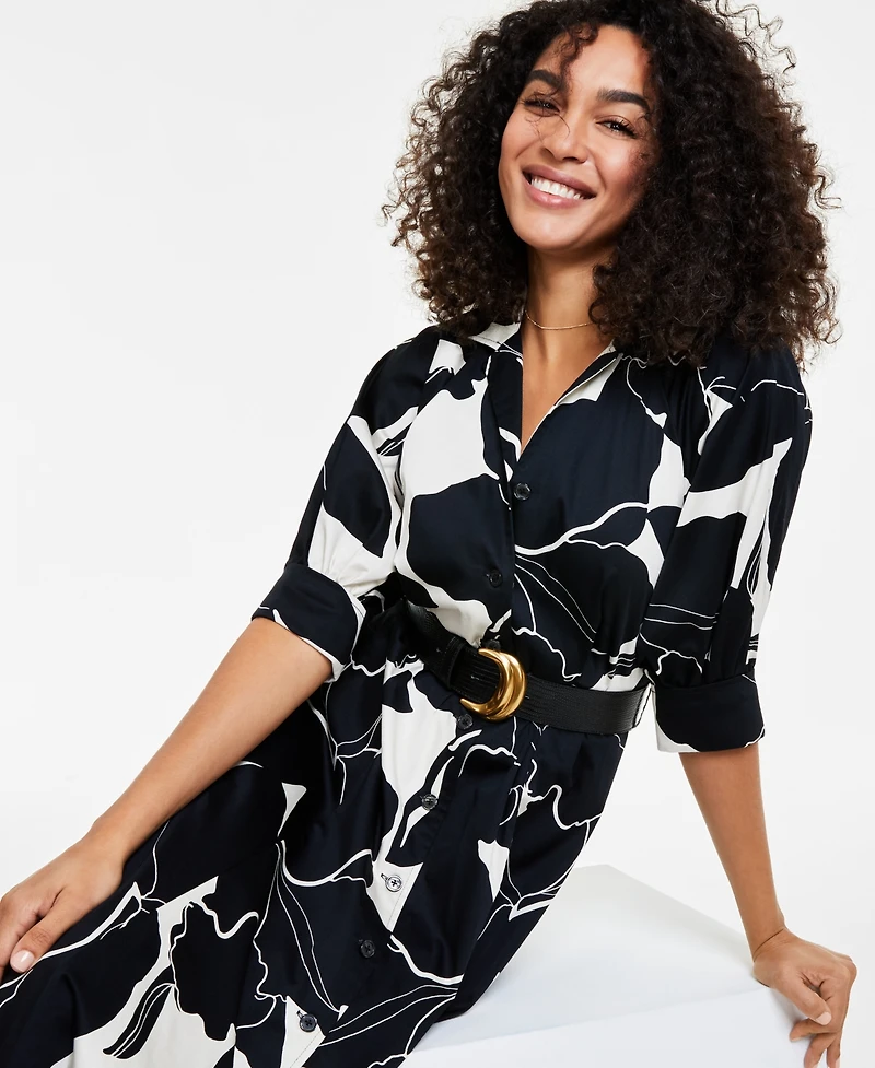 Donna Karan New York Women's Printed Faux-Leather Belt Midi Shirtdress