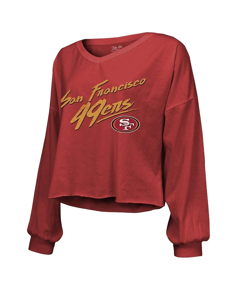 Women's Majestic Threads Brock Purdy Scarlet Distressed San Francisco 49ers Name and Number Script Off-Shoulder Cropped Long Sleeve T-shirt