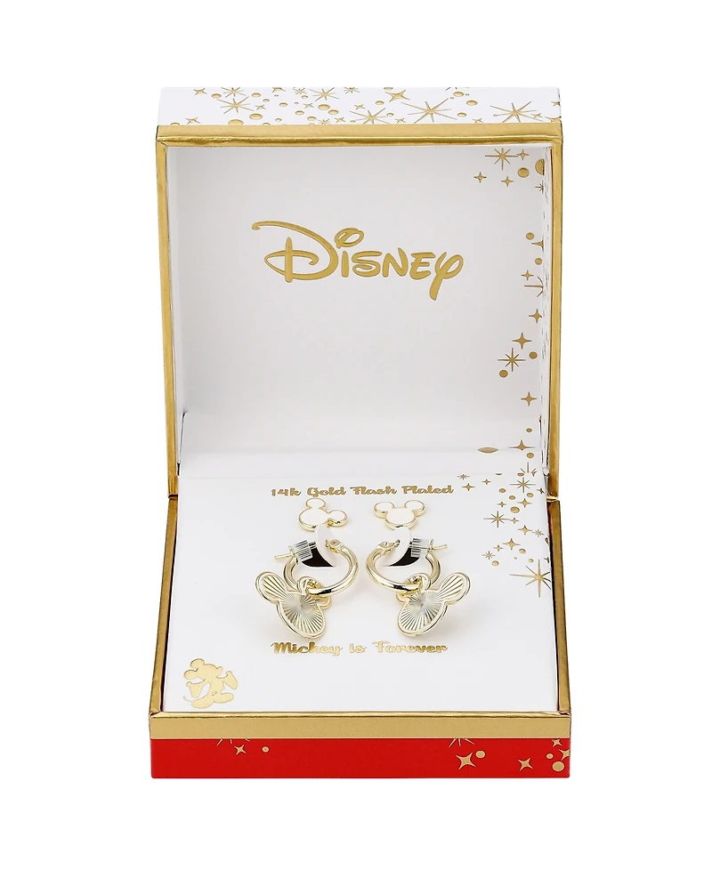 Disney White Enamel Stud and Diamond Cut Mickey Mouse Hoop Earring Set
