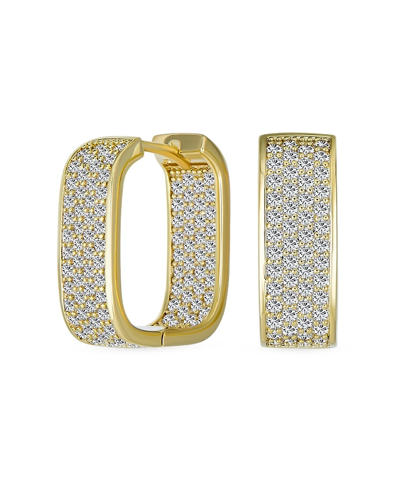 Bling Jewelry Micro Pave Cz Inside Out Wide Rectangle Square Huggie Hoop Earrings Prom Formal Party Yellow Gold Plated Hinge Style