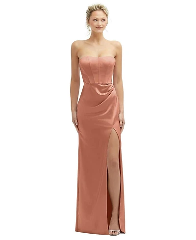 After Six Women's Strapless Topstitched Corset Satin Maxi Dress with Draped Column Skirt