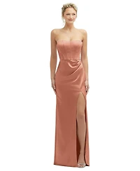 After Six Women's Strapless Topstitched Corset Satin Maxi Dress with Draped Column Skirt