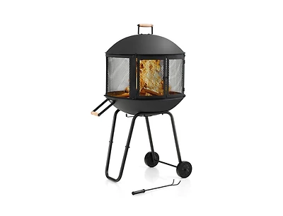 28 Inch Portable Fire Pit on Wheels with Log Grate-Black