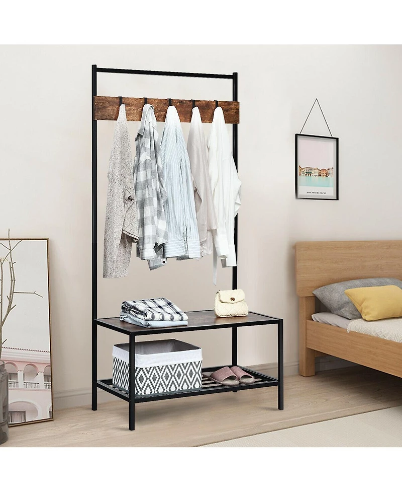 3-in-1 Industrial Coat Rack with 2-tier Storage Bench and 5 Hooks