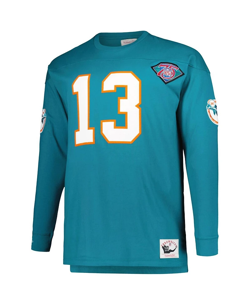 Men's Mitchell & Ness Dan Marino Aqua Miami Dolphins Big and Tall Cut Sew Player Name Number Long Sleeve T-shirt