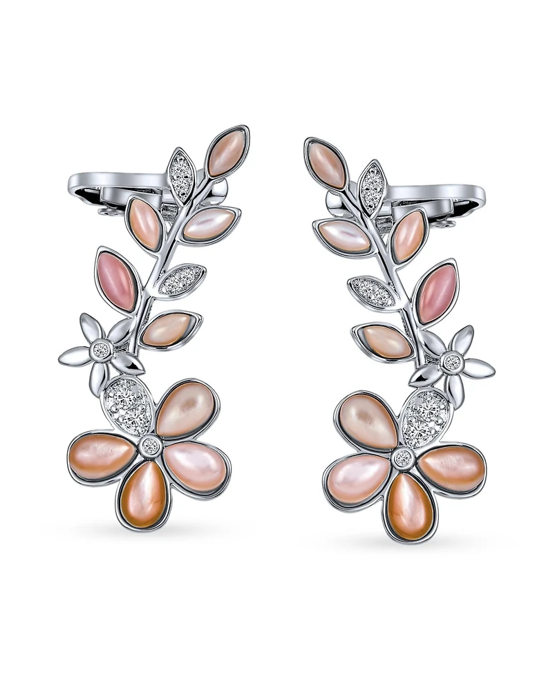 Bling Jewelry Light Pink Mop Mother Of Pearl Flower Crawler Cartilage Earrings Clip Back Rhodium Plated Brass