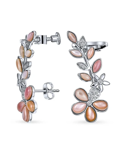 Bling Jewelry Light Pink Mop Mother Of Pearl Flower Crawler Cartilage Earrings Clip Back Rhodium Plated Brass