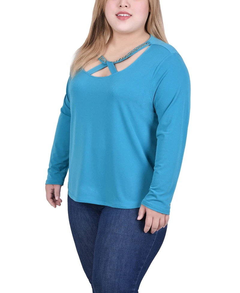 Ny Collection Plus Long Sleeve Jeweled Neck Top