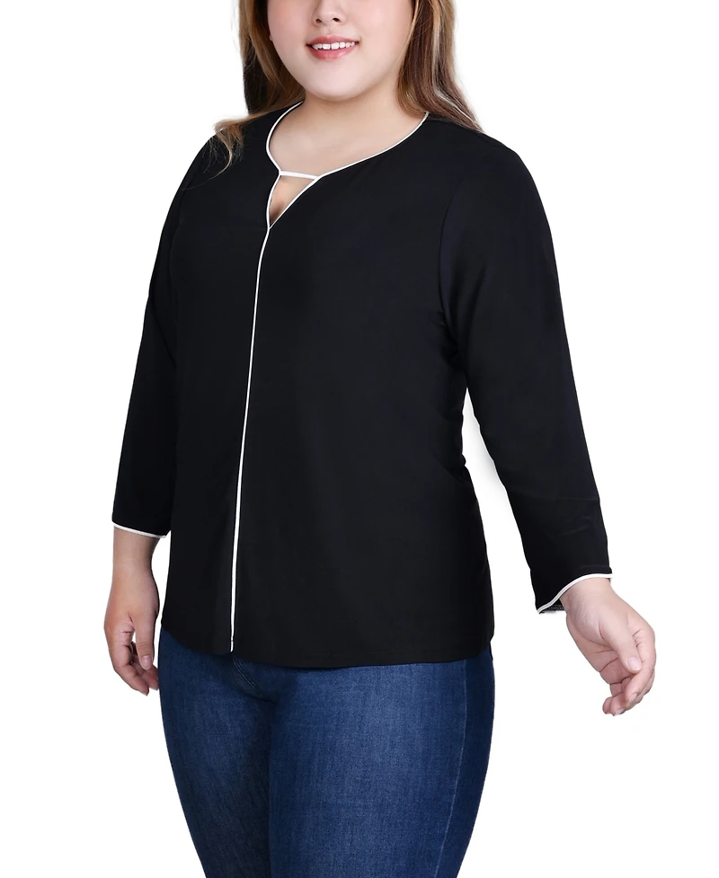 Ny Collection Plus 3/4 Sleeve Piped Top