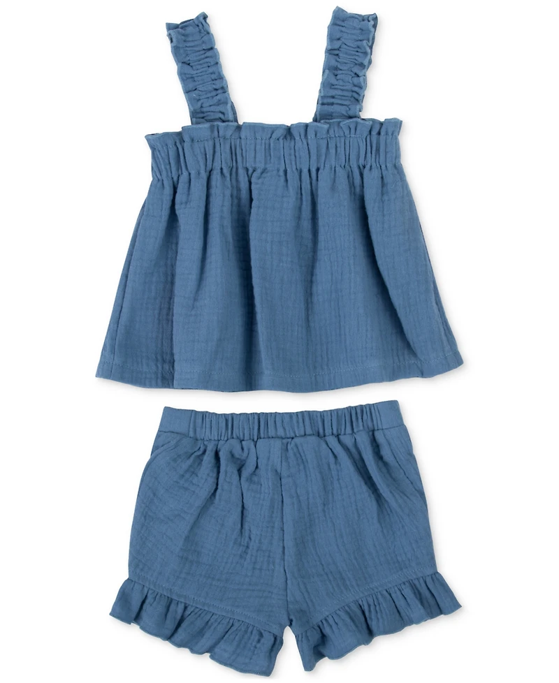 Baby Essentials Baby Girls Cotton Chambray Top and Shorts, 2 Piece Set
