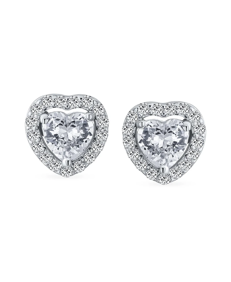 Bling Jewelry Cubic Zirconia Heart Shaped Stud Earrings Halo Bezel Set Cz Sterling Silver