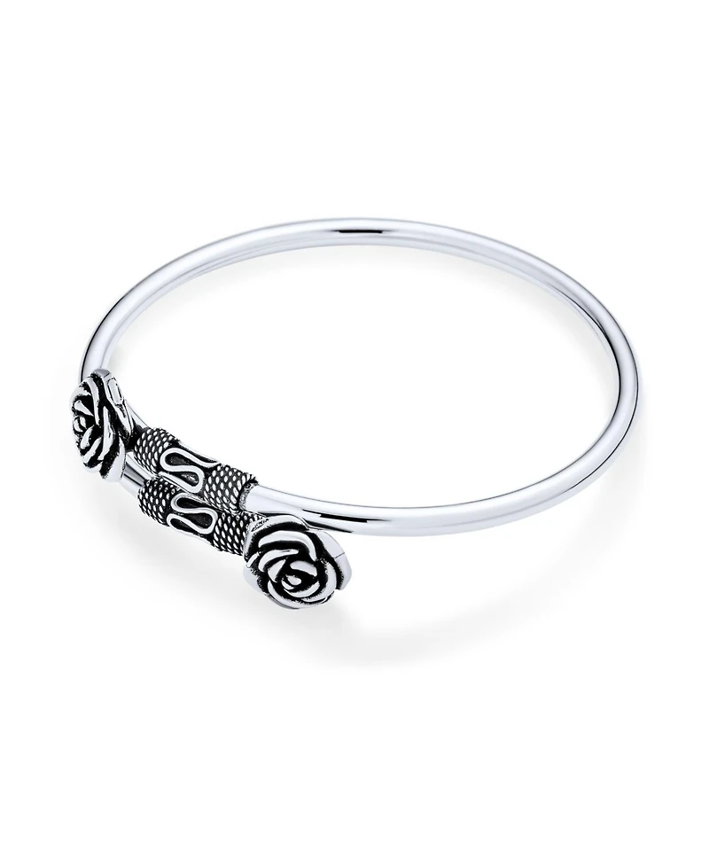 Bling Jewelry Balinese Bali Style Flower Tips Bypass Stacking Black Rose Bangle Cuff Bracelet Oxidized Sterling Silver