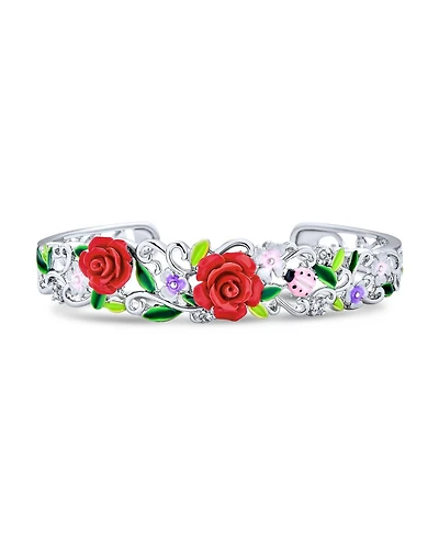 Bling Jewelry 3D Carved Ladybug Spring Garden Floral Bouquet Red Rose Flower Cuff Bracelet Filigree