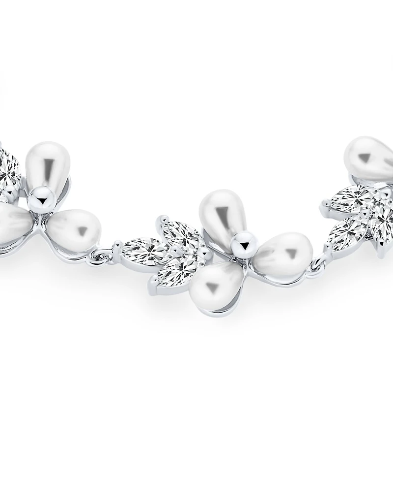 Bling Jewelry Multi Flowers Cz Leaf White Freshwater Cultured Pearl Bracelet 7 Inch