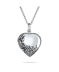 Bling Jewelry Carved Floral Flower Rose Photo Heart Shape Lockets Necklace Pendant That Hold Pictures Oxidized Sterling Silver