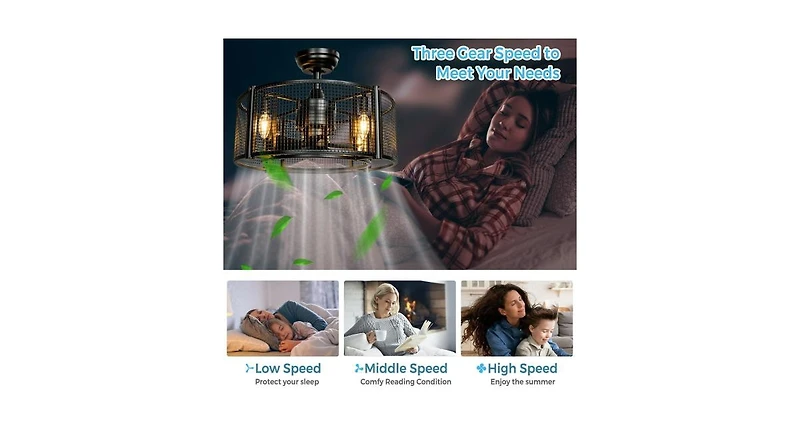 20 Inch Caged Bladeless Ceiling Fan with Light Reversible Motor and Remote Control-Black