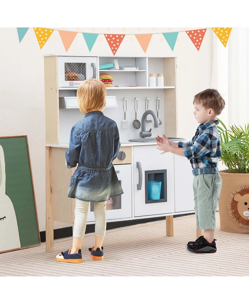 Kids Kitchen Playset Wooden Pretend Play Chef Toy with Microwave & Accessories