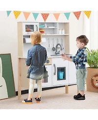 Kids Kitchen Playset Wooden Pretend Play Chef Toy with Microwave & Accessories