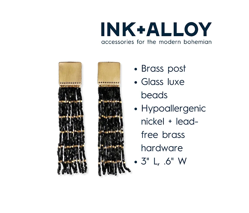 Harlow Brass Top Solid With Gold Stripe Beaded Fringe Earrings