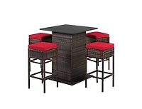 5 Pieces Patio Rattan Bar Table Stool Set Hidden Storage Shelf Cushioned