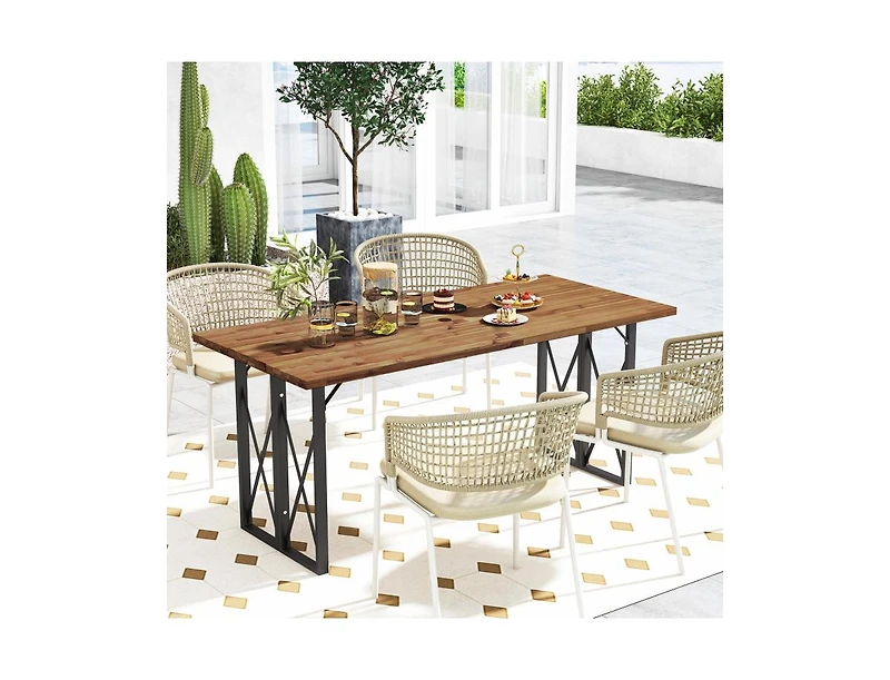 67 Inch Patio Rectangle Acacia Wood Dining Table with Umbrella Hole
